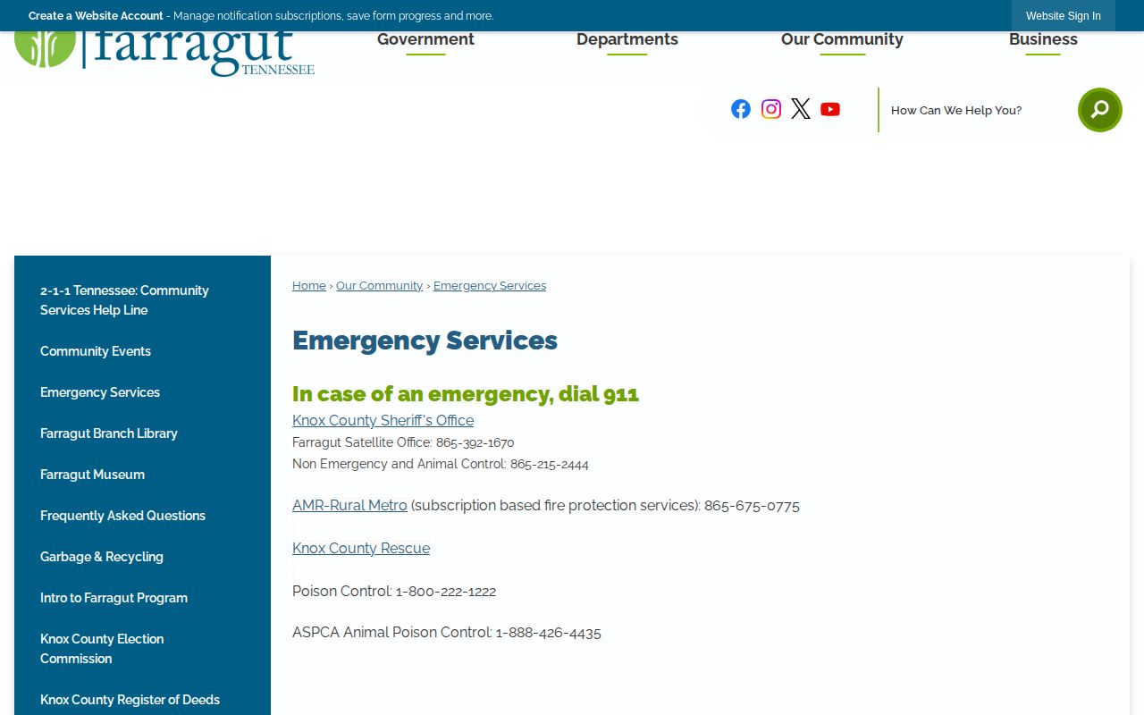 Town of Farragut Emergency Services page identifying sheriff law-enforcement service