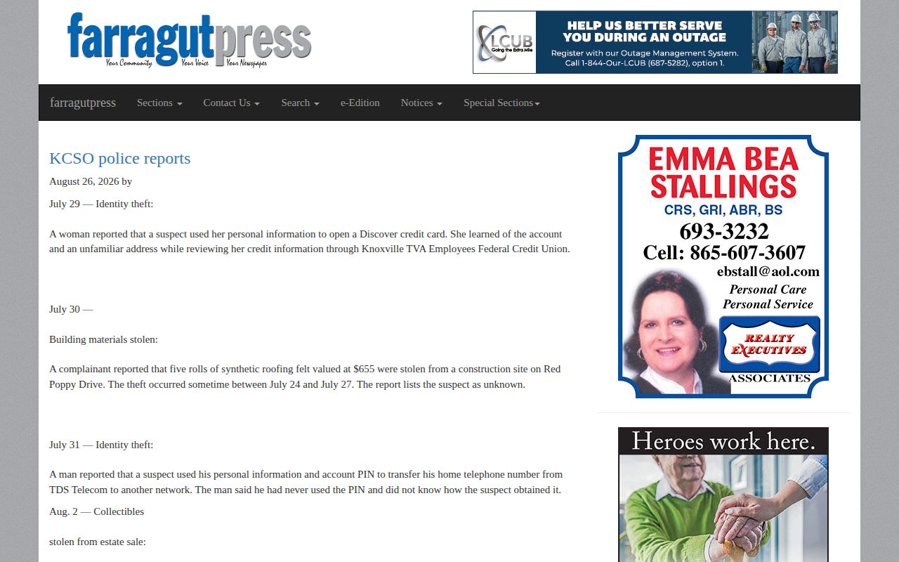 Farragut Press KCSO police report article