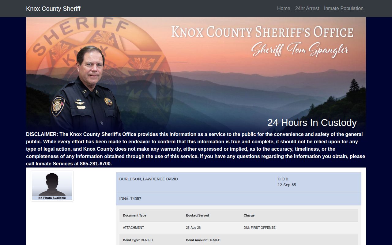 Knox County KCSO official 24-hour custody booking-record source