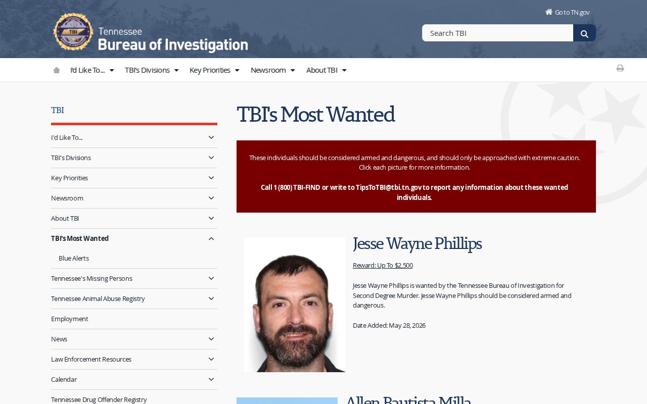 Tennessee Bureau of Investigation Top 10 Most Wanted official page