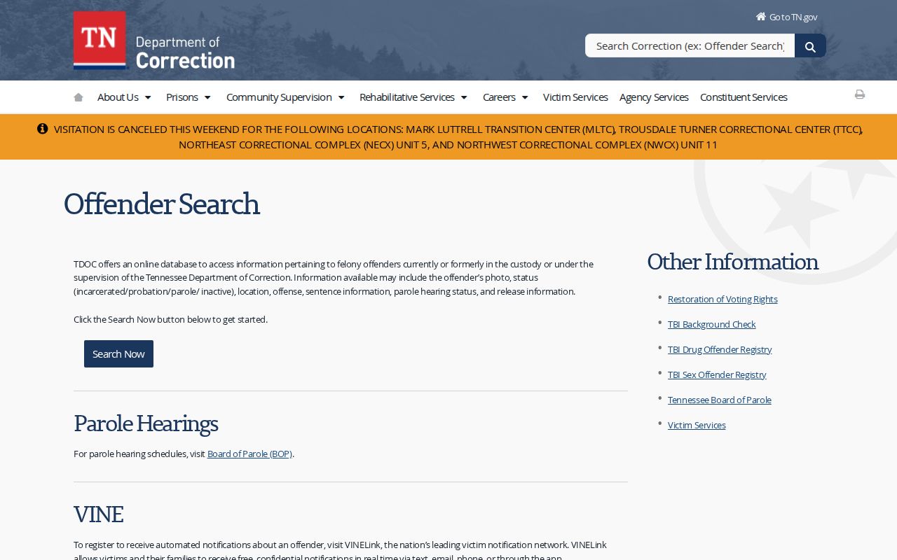 Knox County Tennessee Department of Correction offender-record search source